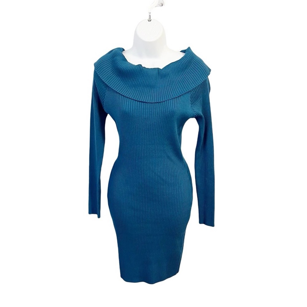 NWOT Say What Bodycon Ribbed Sweater Dress Cowl neck Teal L